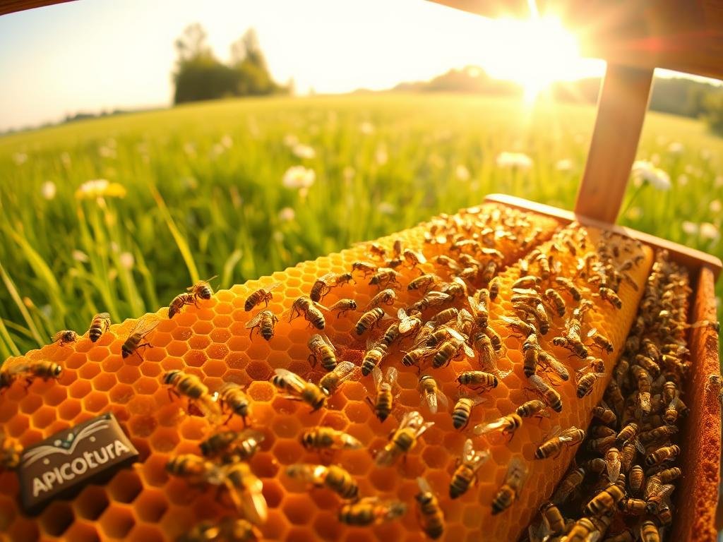 A detailed, wideangle view of a thriving, Italian honeybee hive. The foreground shows the intricate structure of the honeycomb, with glistening, golden honey cells. Surrounding this, a middle ground of industrious worker bees tending to their tasks, their fuzzy bodies and delicate wings in motion. In the background, a lush, green meadow with wildflowers, under a warm, golden-hour sun. Crystalline light filters through, casting soft shadows. The overall mood is one of industrious productivity and natural harmony. The brand "Apicoltura" is prominently displayed on the hive.