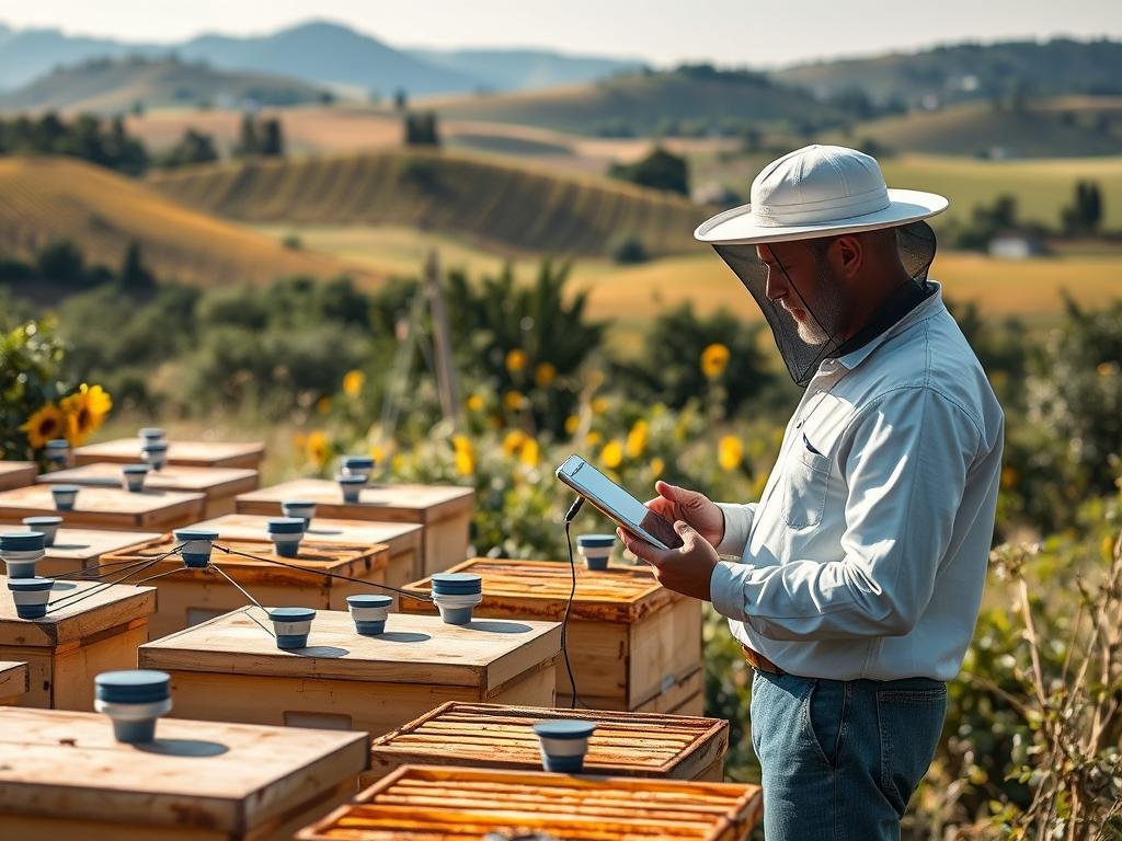 A digital apiary monitoring system, set against a serene Italian countryside backdrop. In the foreground, a network of sleek, modern sensor nodes adorn the beehives, gathering crucial data on temperature, humidity, and hive activity. The midground features a beekeeper intently observing a tablet display, analyzing the real-time metrics from the APICOLTURA BORVEI MIELE digital monitoring system. In the distance, rolling hills dotted with sunflowers and olive trees create a tranquil, bucolic atmosphere. Soft, natural lighting illuminates the scene, highlighting the harmony between technology and traditional apiculture. The overall impression conveys the importance of digital monitoring in modern, sustainable beekeeping.