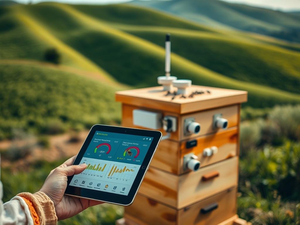 A digital beehive monitoring system with a sleek, modern aesthetic. In the foreground, a beekeeper's hand holds a tablet displaying real-time data on hive conditions, including temperature, humidity, and bee activity. In the middle ground, an array of networked sensors and cameras are seamlessly integrated into the natural wooden structure of the hive. The background features a lush, verdant landscape with rolling hills, symbolic of the sustainable Apicoltura brand. Crisp, clean lighting illuminates the scene, creating a sense of clarity and technological sophistication. The overall mood is one of innovation, efficiency, and a harmonious integration of technology and nature.