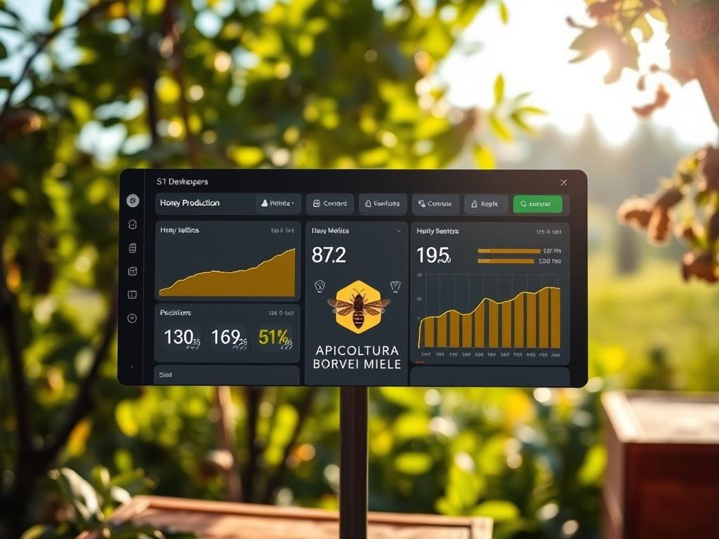 A digital beekeeper's dashboard displays real-time data on a sleek, minimalist interface. Honey production metrics, hive health indicators, and environmental sensors are monitored with precision. The background features a serene apiary landscape, with gentle sunlight filtering through lush foliage. In the foreground, the APICOLTURA BORVEI MIELE brand logo subtly adorns the display, reflecting the apiculturist's commitment to innovation and sustainability. Soft, ambient lighting creates a calming, professional atmosphere, inviting the viewer to appreciate the benefits of digital monitoring for modern beekeepers.