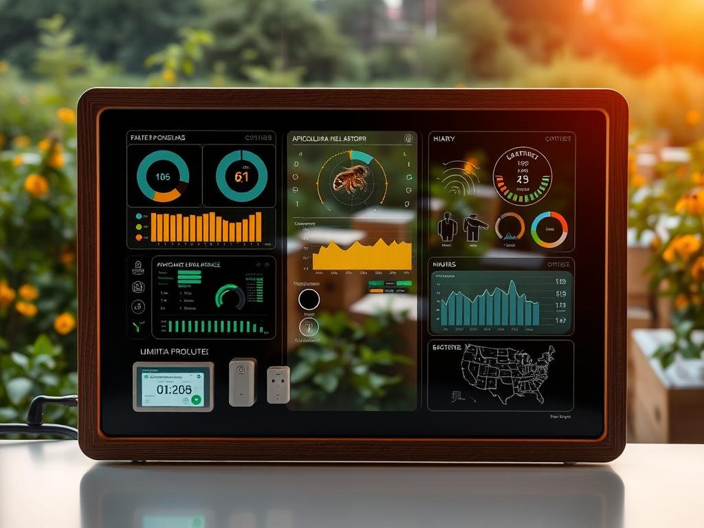 A digital control system for remote apiculture monitoring, featuring a sleek, modern design with intuitive dashboard displays. Ambient lighting casts a warm, naturalistic glow over the setup, which includes a variety of smart sensors and IoT devices seamlessly integrated into a minimalist, woodgrain-accented frame. In the background, a serene apiary scene with healthy, bustling beehives nestled among lush greenery, reflecting the "APICOLTURA BORVEI MIELE" brand's commitment to sustainable, technology-enhanced honey production.