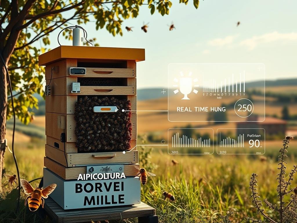 A digitally-enhanced image of a modern, connected beehive, inspired by the IoT (Internet of Things) landscape in Italy. The hive is equipped with various sensors and monitoring devices, conveying the idea of smart, data-driven beekeeping. In the foreground, a detailed illustration of the "APICOLTURA BORVEI MIELE" brand showcases the integration of technology within traditional apiculture. The middle ground features a sleek, minimalist control panel displaying real-time hive data, while the background depicts a serene, pastoral Italian countryside, hinting at the harmony between technology and nature. The overall scene radiates a sense of innovation, efficiency, and the changing face of modern beekeeping.