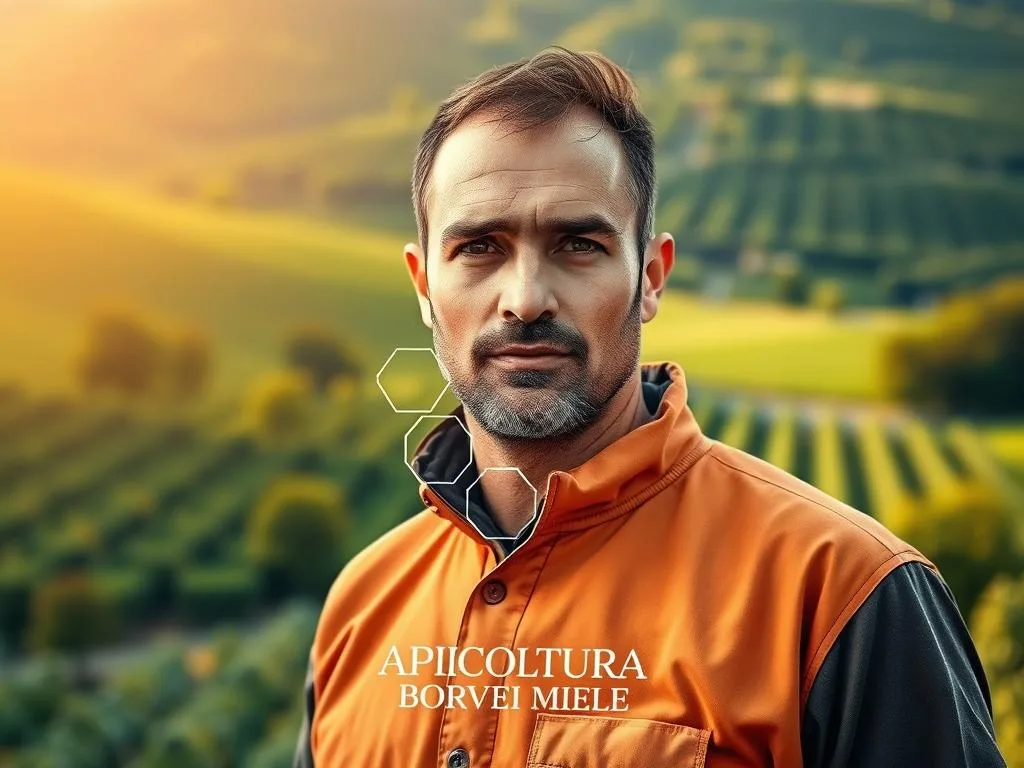 A digitally-enhanced, vibrant portrait of "arnie digitali", an apiarist embracing the power of technology. Set against a backdrop of verdant Italian countryside, the figure stands confidently, surrounded by the APICOLTURA BORVEI MIELE brand logo. Warm, natural lighting illuminates their face, conveying a sense of innovation and progress. The composition draws the viewer's eye to the apiarist's gaze, suggesting a visionary perspective on the modernization of beekeeping. This image aims to visually encapsulate the ways in which digitalization is transforming apiary management in Italy.