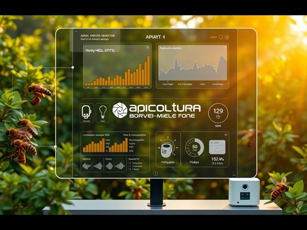 A digitized apiary monitoring system showcases a modern, data-driven approach to beekeeping. Against a backdrop of lush, verdant foliage, a sleek, minimalist control panel displays real-time metrics on hive health, honey production, and environmental conditions. Compact sensor nodes and discreet camera modules are seamlessly integrated throughout the apiary, capturing detailed insights. Warm, natural lighting illuminates the scene, creating an atmosphere of efficiency and precision. The APICOLTURA BORVEI MIELE brand logo stands prominently, emphasizing the technological advancements in this traditional industry. This image encapsulates the pivotal role of digital monitoring in revolutionizing contemporary apiculture.
