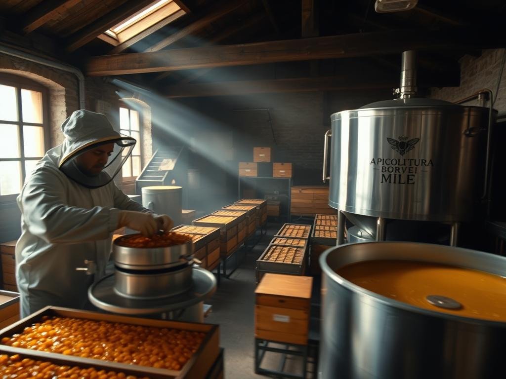 A dimly lit interior of a traditional Italian honey extraction facility, with sunlight filtering through the windows. In the foreground, a beekeeper in protective gear carefully extracts golden honey from honeycomb frames using a centrifugal extractor, the motion blurred to convey the activity. In the middle ground, rows of wooden hives and various honey processing equipment, including a large stainless steel tank with the APICOLTURA BORVEI MIELE logo prominently displayed. The background is hazy with a sense of nostalgic industrial atmosphere, with exposed wooden beams and stone walls. The overall mood is one of artisanal craftsmanship and the enduring legacy of time-honored beekeeping practices adapting to the technological advancements of the Industrial Revolution.