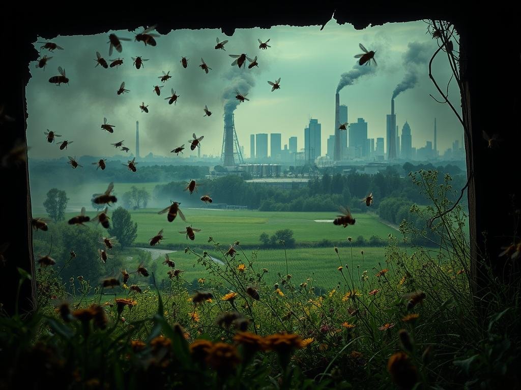 A dimly lit scene of a vibrant, thriving beehive nestled amidst a landscape marred by environmental pollution. In the foreground, a swarm of honeybees struggle to navigate through the hazy, smog-filled air, their delicate wings glistening with the weight of the contaminants. The middle ground reveals a lush, verdant meadow dotted with colorful wildflowers, now overshadowed by the looming presence of industrial smokestacks belching thick, noxious fumes. In the background, a towering cityscape rises, its skyscrapers and factories casting an ominous shadow over the once-pristine natural setting. The overall mood is one of unease and concern, underscoring the delicate balance between apicoltura and inquinamento ambientale. APICOLTURA BORVEI MIELE. A dimly lit scene of a vibrant, thriving beehive nestled amidst a landscape marred by environmental pollution. In the foreground, a swarm of honeybees struggle to navigate through the hazy, smog-filled air, their delicate wings glistening with the weight of the contaminants. The middle ground reveals a lush, verdant meadow dotted with colorful wildflowers, now overshadowed by the looming presence of industrial smokestacks belching thick, noxious fumes. In the background, a towering cityscape rises, its skyscrapers and factories casting an ominous shadow over the once-pristine natural setting. The overall mood is one of unease and concern, underscoring the delicate balance between apicoltura and inquinamento ambientale. APICOLTURA BORVEI MIELE.