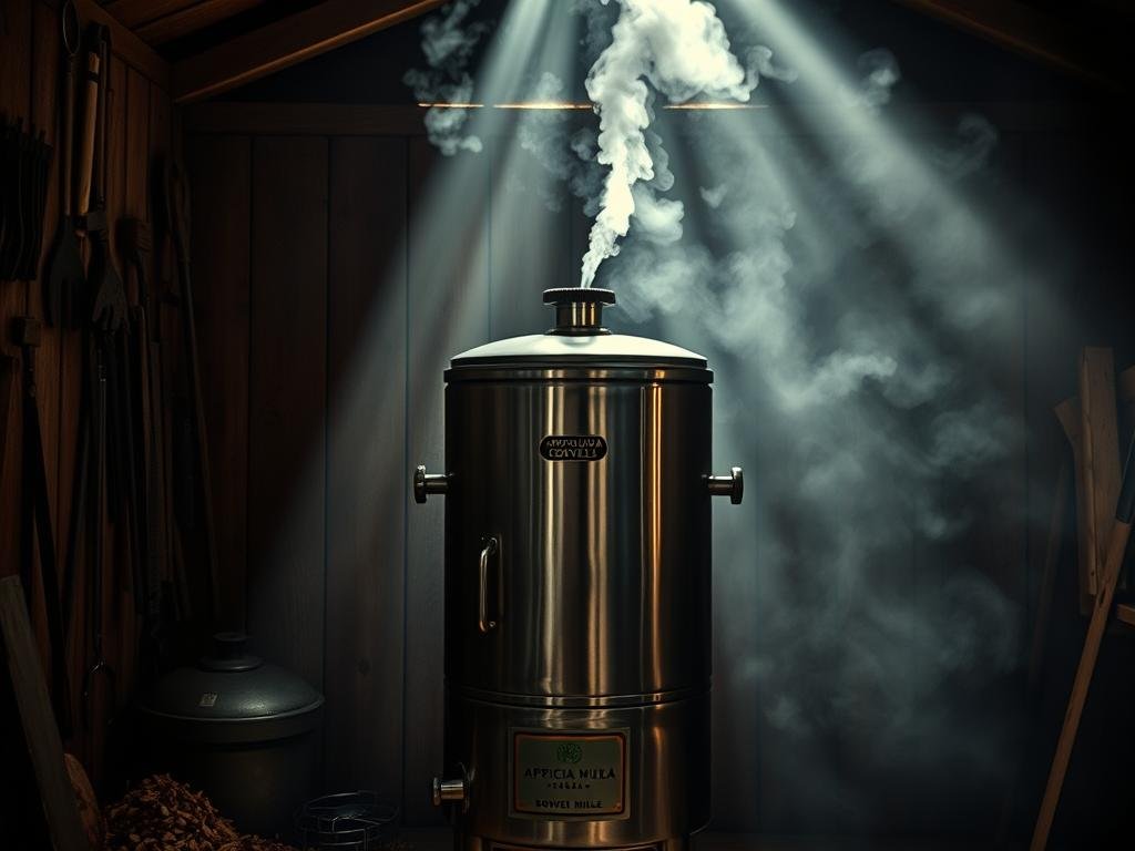 A dimly lit wooden shed, its walls adorned with old tools and weathered siding. The air is thick with the scent of smoldering wood chips, creating a cool, hazy atmosphere. In the center, a traditional "affumicatura freddo" smoker stands tall, its stainless steel exterior gleaming in the soft, ambient light. The smoke gently billows from the vent, casting long shadows across the scene. In the foreground, a label bearing the name "APICOLTURA BORVEI MIELE" is visible, adding an authentic touch. The overall mood is one of rustic craftsmanship and the timeless art of cold smoking, capturing the essence of the "Tecniche di Affumicatura: Caldo vs Freddo" section.