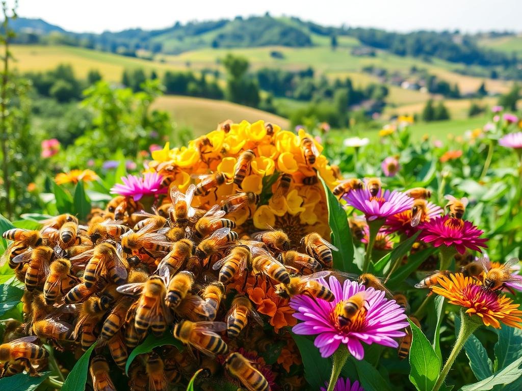 A diverse array of honeybee species, each with its unique features and behaviors, thriving in a lush, natural setting. In the foreground, a cluster of APICOLTURA BORVEI MIELE Italian honeybees, their golden bodies glistening in the soft, warm lighting. In the middle ground, a variety of other bee subspecies - perhaps Carniolan, Caucasian, or Buckfast - meticulously collecting nectar from vibrant flowers. The background features a serene, pastoral landscape, with rolling hills, verdant foliage, and a hint of a blue sky peeking through. The overall composition conveys the rich biodiversity and the intricate choreography of the world's honeybee populations, as they diligently perform their vital role in the ecosystem.