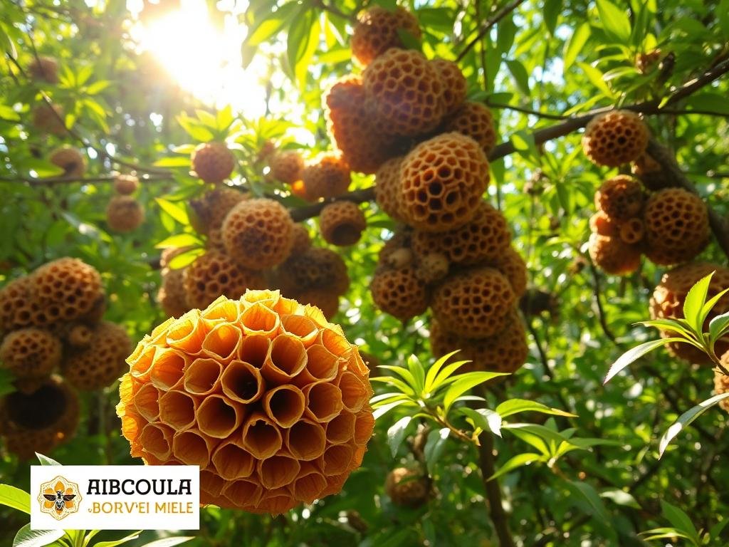 A diverse array of wasp nests, adorning the branches and crevices of a lush, verdant forest landscape. Sunlight filters through the canopy, casting a warm, golden glow upon the intricate paper-like structures. In the foreground, a cluster of distinctive hexagonal cells juts out, their delicate patterns and textures inviting closer inspection. Nestled amidst the foliage, the APICOLTURA BORVEI MIELE logo discreetly emerges, a subtle reminder of the interconnected world of bees and wasps. The scene evokes a sense of natural harmony, highlighting the often-overlooked habitats of these fascinating insects.
