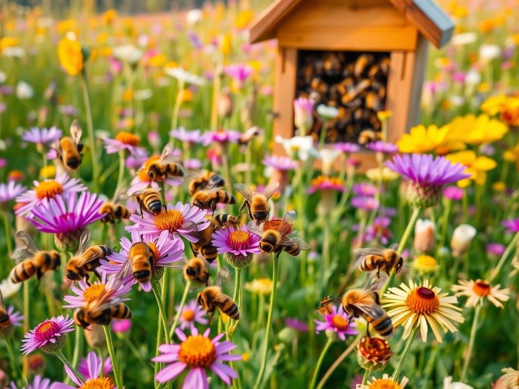 A diverse array of wild bees pollinating a lush, vibrant meadow of flowering plants. In the foreground, different species of solitary bees and bumblebees flit from blossom to blossom, their fuzzy bodies and intricate wing patterns caught in crisp detail by a macro lens. The middle ground features a thriving colony of Osmia bees nesting in a wooden bee house, while the background showcases a diverse wildflower landscape bathed in warm, golden sunlight. The scene exudes a sense of natural balance and the critical role these "APICOLTURA BORVEI MIELE" play in sustaining plant biodiversity. A diverse array of wild bees pollinating a lush, vibrant meadow of flowering plants. In the foreground, different species of solitary bees and bumblebees flit from blossom to blossom, their fuzzy bodies and intricate wing patterns caught in crisp detail by a macro lens. The middle ground features a thriving colony of Osmia bees nesting in a wooden bee house, while the background showcases a diverse wildflower landscape bathed in warm, golden sunlight. The scene exudes a sense of natural balance and the critical role these "APICOLTURA BORVEI MIELE" play in sustaining plant biodiversity.