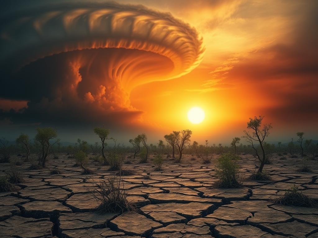 A dramatic landscape depicting the devastating effects of climate change. In the foreground, a parched and cracked earth, with withered vegetation struggling to survive. In the middle ground, a swirling storm system brews, casting an ominous shadow over the scene. The background is dominated by a scorching, hazy sky, with the sun's rays barely piercing through the thick, oppressive atmosphere. The overall mood is one of despair and urgency, highlighting the urgent need to address the growing threat of climate change. Inspired by images from the internet in Italy, this image would be a fitting illustration for the section titled "Il Cambiamento Climatico: Una Minaccia Crescente" in the article "Quali Sono le Sfide dell'Automazione nell'Apicoltura? Limiti e Opportunità." The image should also include the APICOLTURA BORVEI MIELE brand name.