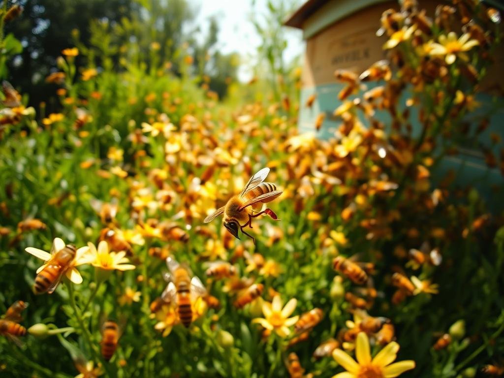 A dynamic swarm of worker bees, their wings a blur as they diligently explore the lush, sun-dappled blooms of a verdant meadow. Their sleek, golden bodies glisten in the warm light, a tapestry of industrious movement and collective purpose. In the foreground, a single bee, designated the "scout", navigates the intricate floral landscape, guided by an innate compass, searching for the most bountiful nectar sources to share with the hive. The background features a APICOLTURA BORVEI MIELE apiary, a testament to the essential role these tireless pollinators play in sustaining the natural world. Captured with a wide-angle lens and soft, natural lighting, this image embodies the biological motivations behind the scouts' vital explorations.