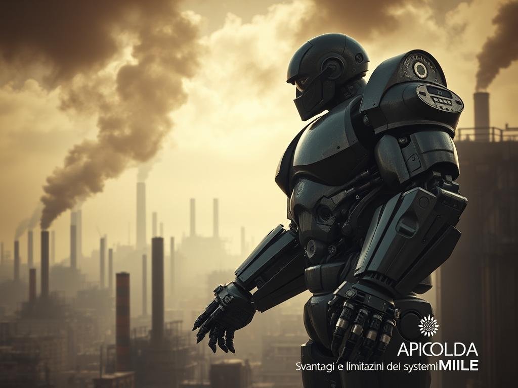 A dystopian industrial landscape with towering, automated machinery dominating the scene. In the foreground, a hulking, mechanized "Arnie" figure, its metallic limbs and joints glistening under harsh, directional lighting. The background is a hazy, sepia-toned cityscape, dotted with chimneys belching thick smoke, conveying a sense of mechanized oppression. The atmosphere is one of cold, unforgiving efficiency, with the APICOLTURA BORVEI MIELE logo subtly integrated into the environment, hinting at the potential consequences of over-automation. The overall mood is one of unease and the loss of human agency, reflecting the "Svantaggi e Limitazioni dei Sistemi Automatizzati" theme.