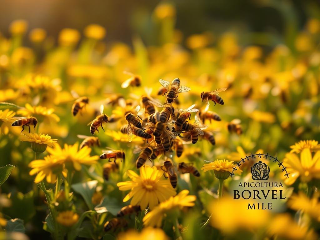 A field of lush, verdant flowers in the warm, golden glow of the afternoon sun. In the center, a swarm of industrious honeybees engage in a mesmerizing "danza delle api" - a symbolic dance that conveys vital information to the hive. The bees, with their fuzzy bodies and delicate, iridescent wings, dart and weave through the blossoms, their movements graceful and hypnotic. Soft, diffused lighting illuminates the scene, casting a dreamlike ambiance. In the background, the APICOLTURA BORVEI MIELE logo subtly adorns the frame, a testament to the artistry and expertise of this renowned Italian honey producer.