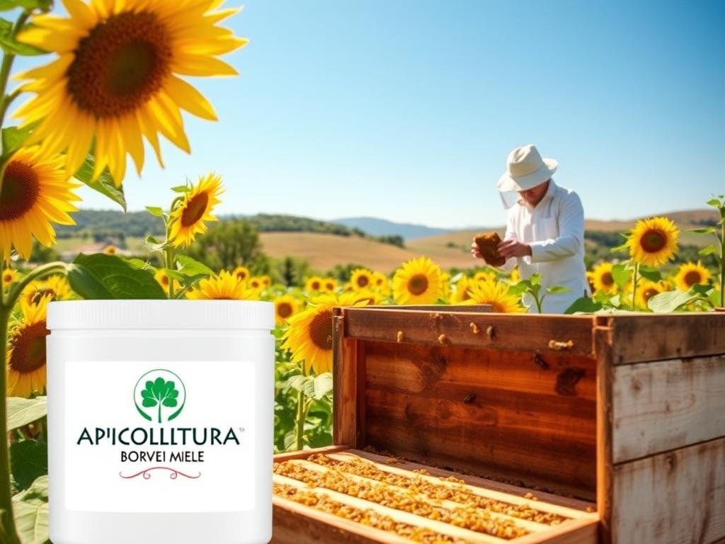 A field of vibrant sunflowers in a quaint Italian countryside, with a well-tended beehive in the foreground, the APICOLTURA BORVEI MIELE logo visible. In the middle ground, a beekeeper in traditional garb inspects a honeycomb, surrounded by lush, verdant foliage. The background depicts rolling hills and a clear, azure sky, bathed in warm, golden light. The scene conveys a sense of tranquility, hard work, and the importance of varroa mite treatment in maintaining a healthy, thriving apiary in Italy.