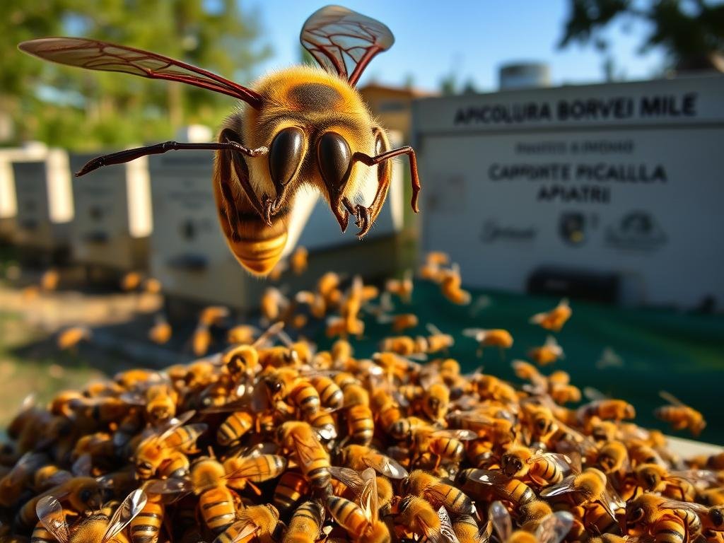 A fierce and intimidating calabrone (European hornet) hovered over a cluster of busy honeybees, its predatory gaze fixed upon its prey. The sunlight cast dramatic shadows, emphasizing the hornet's powerful mandibles and intense compound eyes. In the middle ground, the honeybees scattered in a frantic attempt to defend their hive, their delicate wings a blur of motion. In the background, the APICOLTURA BORVEI MIELE apiary stood as a testament to the ongoing struggle between these two insect adversaries. The scene conveyed a palpable sense of tension and danger, capturing the essence of the "Calabroni Attaccano le Api? Comportamenti Predatori" section.