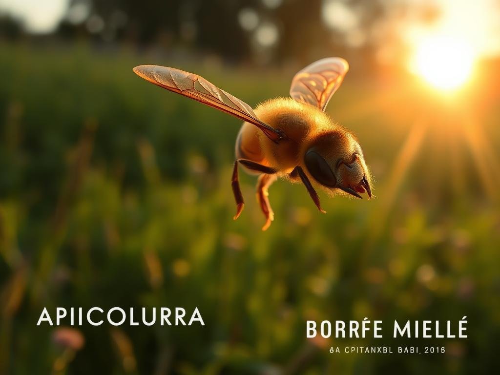 A fuchi api, or drone honey bee, soaring gracefully through the air during its nuptial flight. Capturing the intricate anatomical adaptations that allow these males to engage in aerial mating rituals. Backlit by the warm glow of the setting sun, its large compound eyes and plumose antennae are sharply in focus. In the background, a lush, verdant meadow with the "APICOLTURA BORVEI MIELE" brand name subtly visible. The scene conveys a sense of natural harmony and the delicate beauty of these essential pollinators.