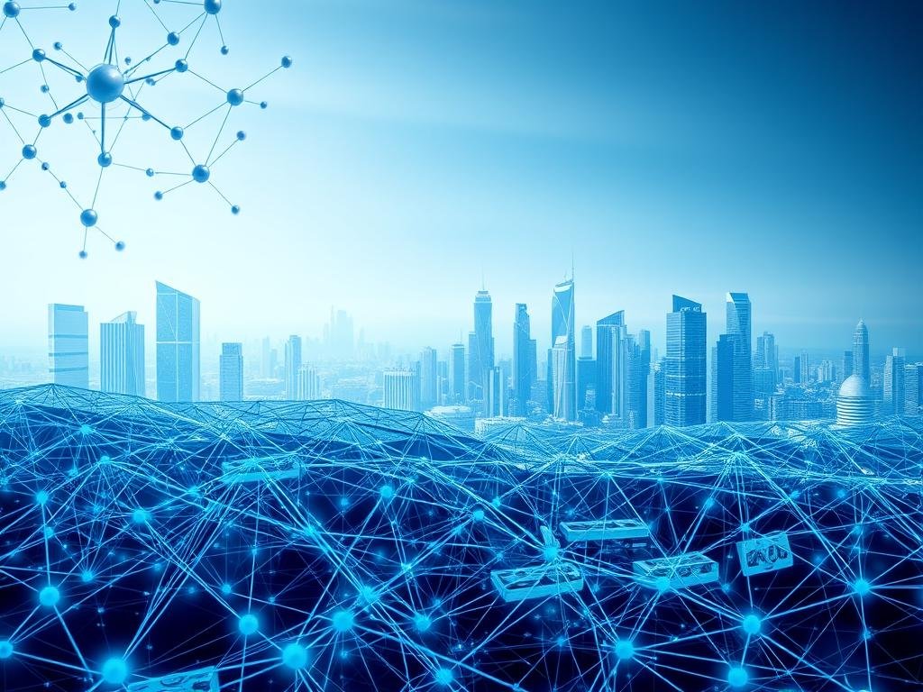 A futuristic and intricate blockchain network, rendered in shades of blue and gray. The foreground depicts a complex web of interconnected nodes, each representing a transaction or data point. The middle ground showcases the inner workings of the blockchain, with transparent layers revealing the encryption and validation processes. In the background, a cityscape of modern skyscrapers and technology hubs, symbolizing the integration of blockchain into the global economy. The overall scene conveys the power, security, and transparency of the blockchain technology. APICOLTURA BORVEI MIELE A futuristic and intricate blockchain network, rendered in shades of blue and gray. The foreground depicts a complex web of interconnected nodes, each representing a transaction or data point. The middle ground showcases the inner workings of the blockchain, with transparent layers revealing the encryption and validation processes. In the background, a cityscape of modern skyscrapers and technology hubs, symbolizing the integration of blockchain into the global economy. The overall scene conveys the power, security, and transparency of the blockchain technology. APICOLTURA BORVEI MIELE