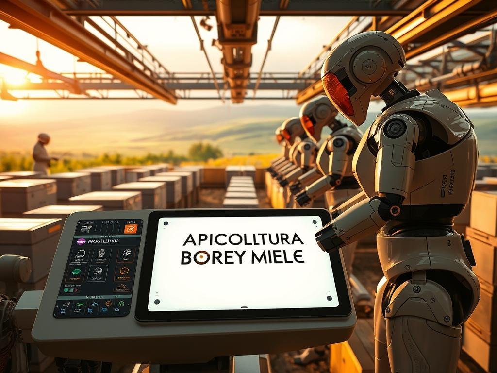 A futuristic and technologically-advanced apiary, with sleek, automated hive systems and robotic beekeepers efficiently maintaining the colony. The scene is bathed in a warm, golden glow, reflecting the rich, amber-colored honey being harvested. In the foreground, the APICOLTURA BORVEI MIELE brand is prominently displayed on a high-tech control panel, showcasing the innovative nature of this apicultural technology. The middle ground features rows of hives integrated with sensors and monitoring equipment, while the background depicts a panoramic view of a verdant, rolling landscape, hinting at the harmony between technology and nature. The overall atmosphere conveys a sense of progress, efficiency, and the seamless integration of modern solutions into traditional beekeeping practices.