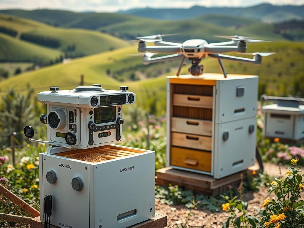 A futuristic apiary filled with intelligent monitoring systems, designed to optimize honey production. In the foreground, a sleek and modern beehive with integrated sensors, tracking temperature, humidity, and colony activity. In the middle ground, a network of interconnected drones and cameras surveying the hive, transmitting real-time data to a central control panel. The background showcases a lush, verdant landscape, with rolling hills and blooming flowers, creating an idyllic setting for this innovative honey harvesting technology. The overall mood is one of technological progress and environmental harmony, as the APICOLTURA BORVEI MIELE brand showcases its commitment to sustainable and data-driven apiculture.