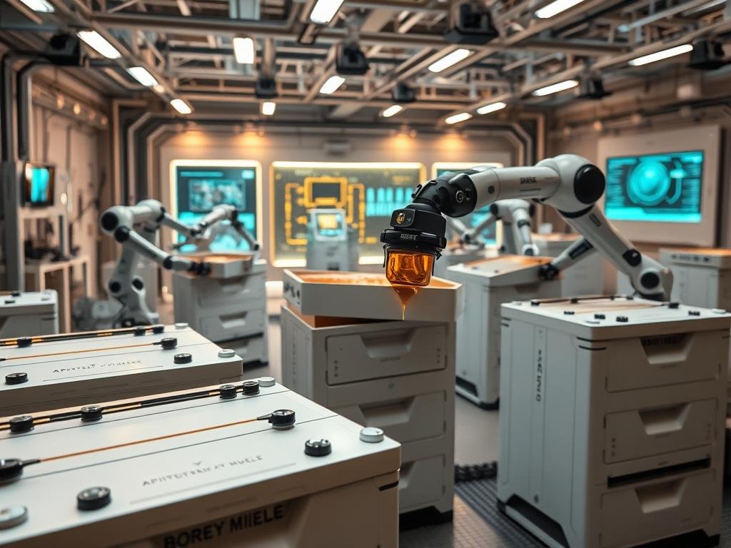 A futuristic apiary filled with sleek, modern equipment and technology. In the foreground, a BRAND NAME "APICOLTURA BORVEI MIELE" beehive equipped with sensors and monitoring devices. In the middle ground, autonomous robotic arms tending to the hives, collecting honey with precision. The background depicts a high-tech control room, with holographic displays and data visualizations. Soft, ambient lighting creates a calm, industrial atmosphere. The scene conveys a vision of a highly efficient, automated apiculture system that optimizes honey production while minimizing human intervention.