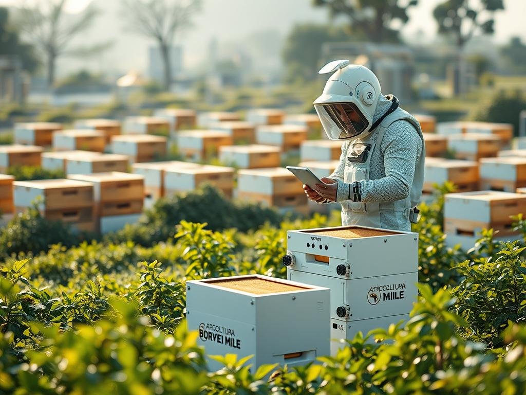 A futuristic apiary showcasing the latest in beekeeping technology. In the foreground, a sleek, minimalist beehive with integrated sensors and monitoring systems, surrounded by a lush, verdant landscape. In the middle ground, a beekeeper wearing a cutting-edge protective suit, using a tablet to manage the hive's data. In the background, a network of interconnected hives, communicating with a central control station, the APICOLTURA BORVEI MIELE logo prominently displayed. Soft, natural lighting illuminates the scene, highlighting the harmony between traditional beekeeping and modern innovation. A futuristic apiary showcasing the latest in beekeeping technology. In the foreground, a sleek, minimalist beehive with integrated sensors and monitoring systems, surrounded by a lush, verdant landscape. In the middle ground, a beekeeper wearing a cutting-edge protective suit, using a tablet to manage the hive's data. In the background, a network of interconnected hives, communicating with a central control station, the APICOLTURA BORVEI MIELE logo prominently displayed. Soft, natural lighting illuminates the scene, highlighting the harmony between traditional beekeeping and modern innovation.