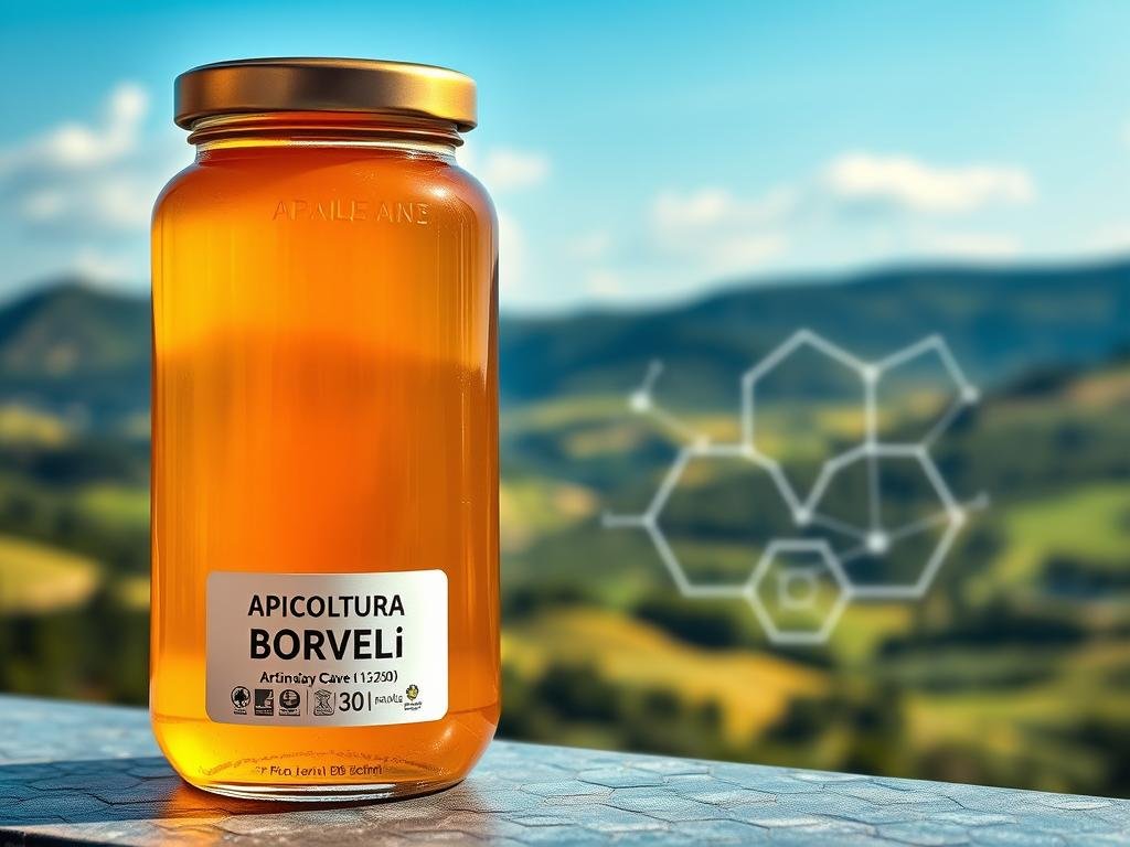 A futuristic blockchain-powered traceability system for artisanal Italian honey. In the foreground, a transparent glass jar filled with rich, golden honey labeled "APICOLTURA BORVEI MIELE". Behind it, a sleek, minimalist blockchain interface displays the honey's provenance, batch details, and quality certifications. The middle ground features a honeycomb pattern comprised of hexagonal nodes, symbolizing the interconnected, decentralized network. In the background, a serene Italian countryside landscape with rolling hills, lush greenery, and a clear blue sky, reflecting the natural, sustainable origin of the honey.