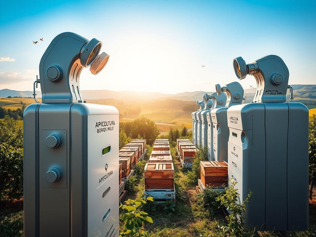 A futuristic, high-tech apiary featuring the APICOLTURA BORVEI MIELE brand. A sleek, minimalist structure with smooth metallic surfaces and clean lines stands in the foreground, housing advanced sensors and monitoring equipment. In the middle ground, rows of traditional wooden beehives are nestled among lush greenery, symbolizing the merging of tradition and technology. The background showcases a vibrant, sun-drenched Italian countryside, with rolling hills and a clear blue sky. Soft, warm lighting casts a gentle glow over the scene, creating a sense of harmony and progress. The overall atmosphere conveys the evolution of apiculture, blending the timeless elegance of nature with the precision of modern technology.