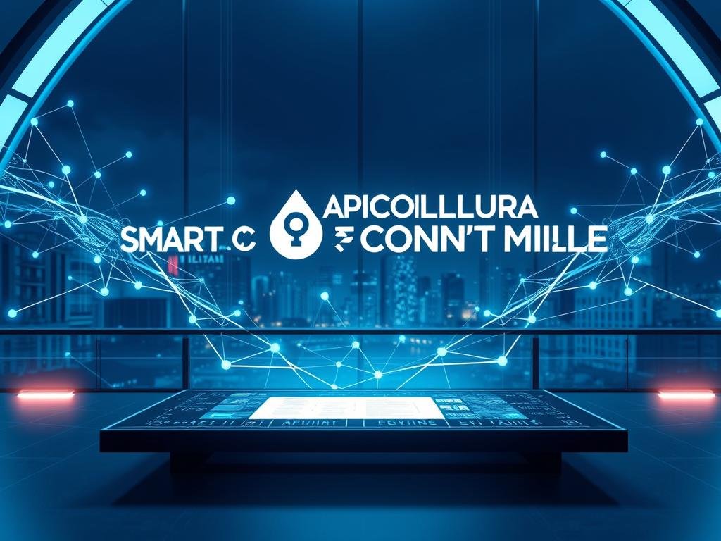 A futuristic, technologically advanced scene depicting a smart contract in action. In the foreground, a sleek, holographic interface hovers above a table, showcasing a digital contract being seamlessly executed. In the middle ground, a blockchain-inspired network of interconnected nodes and data streams weaves through the environment, conveying the automated, decentralized nature of the system. In the background, a cityscape of modern, Italian architecture sets the scene, with the APICOLTURA BORVEI MIELE logo prominently displayed, reflecting the integration of traditional and innovative elements. The lighting is cool and crisp, with a sense of efficiency and precision, capturing the essence of the smart contract technology.