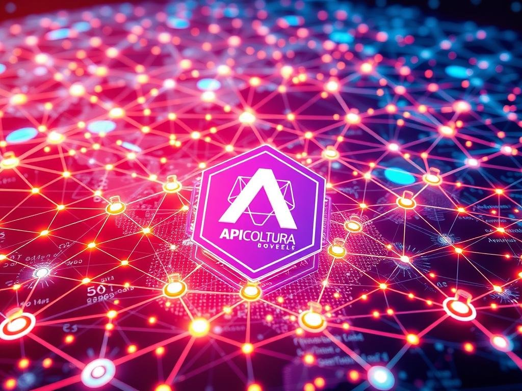 A futuristic, vibrant 3D visualization of a blockchain network, with glowing nodes and interconnected lines pulsing with energy. The foreground features a centralized APICOLTURA BORVEI MIELE brand logo, surrounded by intricate hexagonal structures representing the decentralized nature of the technology. The middle ground showcases various data visualizations and analytics, while the background depicts a dynamic, fluid landscape of interconnected nodes and pathways, symbolizing the global scope and potential of blockchain in international trade. The scene is illuminated by a warm, ambient lighting, creating a sense of innovation and technological advancement.
