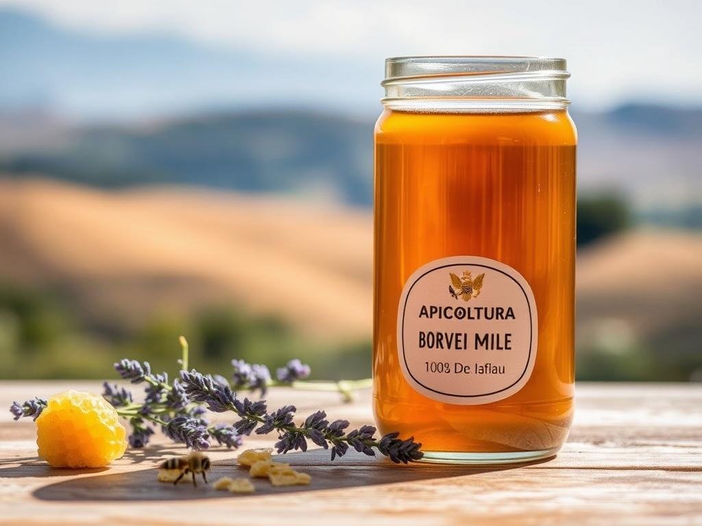 A glass jar filled with a rich, golden-hued liquid sits atop a wooden surface, surrounded by a sprig of fresh lavender and a few honeycomb fragments. The scene is bathed in soft, natural lighting, creating a warm and inviting atmosphere. In the background, a blurred image of an Italian countryside landscape, complete with rolling hills and a hazy blue sky, sets the stage. The label on the jar prominently displays the brand name "APICOLTURA BORVEI MIELE", indicating the high-quality origin of the syrup. This image perfectly captures the essence of "preparazione sciroppo per api", a vital step in nourishing and sustaining the local bee population, as detailed in the article's section "Come Preparare gli Alimenti per le Api".
