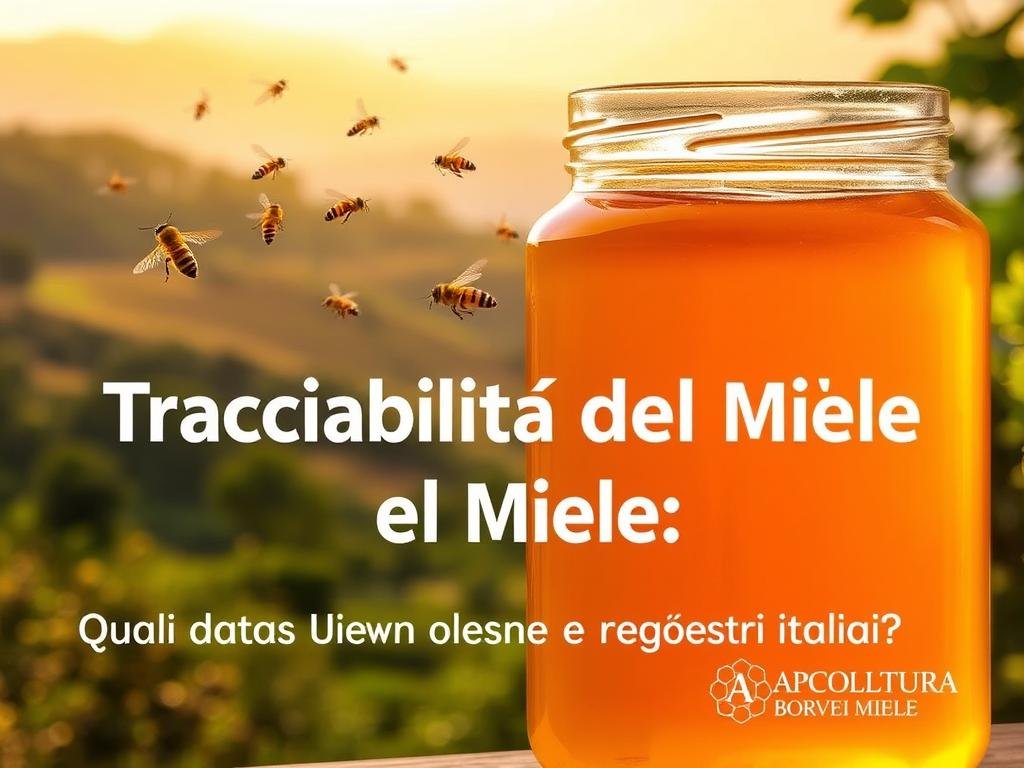 A glass jar filled with golden, viscous honey stands prominently in the foreground, illuminated by soft, natural lighting. In the middle ground, a honeycomb with intricate hexagonal patterns and worker bees in flight create a sense of bustling activity. The background features a verdant Italian countryside, with rolling hills, lush vegetation, and a warm, golden hue that evokes the warmth of the Mediterranean. The APICOLTURA BORVEI MIELE branding is subtly incorporated, lending authenticity and a sense of provenance to the scene. This image conveys the traceability and quality of the honey, reflecting the title "Tracciabilità del Miele: Quali Dati Devono Essere Monitorati e Registrati?".