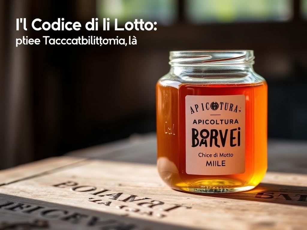 A glass jar labeled "APICOLTURA BORVEI MIELE" rests on a rustic wooden table, its amber-colored liquid reflecting warm, natural lighting. The lotto code "codice di lotto miele" is prominently displayed on the label, conveying a sense of traceability and quality assurance. The image captures the essence of the "Il Codice di Lotto: Chiave per la Tracciabilità" section, showcasing the importance of batch tracking for ensuring food safety in the honey industry. The scene evokes a sense of authenticity and Italian craftsmanship, inviting the viewer to explore the article's discussion on the significance of honey traceability.