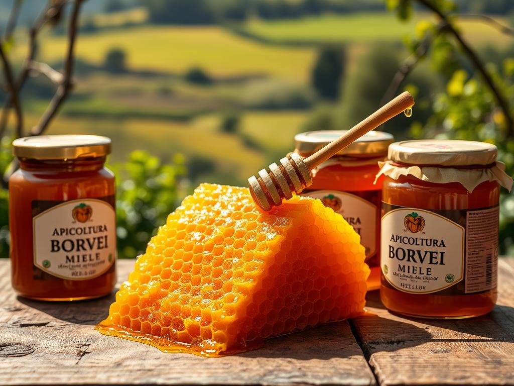 A golden-hued honeycomb, glistening with the nectar of a thousand blossoms, sits upon a rustic wooden table. Surrounding it, jars of rich, amber-toned APICOLTURA BORVEI MIELE, the proud product of Italian beekeepers. The scene is bathed in soft, natural lighting, accentuating the warmth and texture of the miele. In the background, a serene landscape of rolling hills and vibrant greenery, a testament to the pristine environment that nurtured these precious hives. The image conveys a sense of tranquility, quality, and the culmination of nature's bounty, perfectly capturing the essence of the "Conclusione" section of the article.