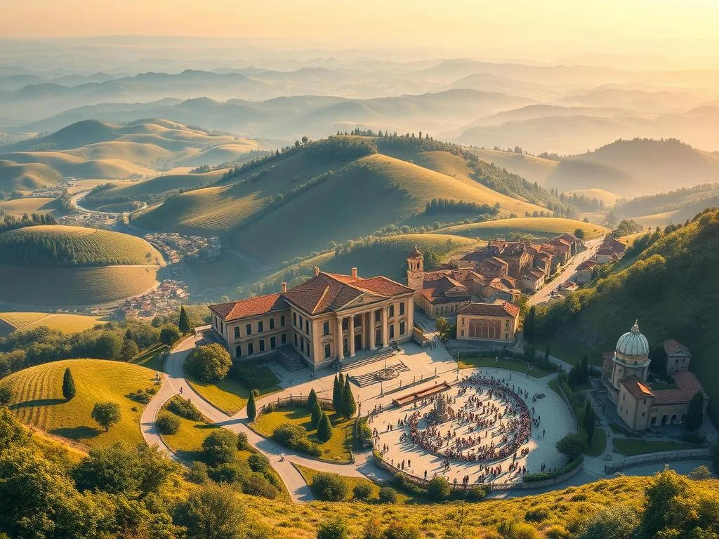 A grand and detailed illustration depicting the constitutional framework of local autonomies in Italy. The image should showcase a sweeping landscape showcasing the interplay between regional and municipal governance, with a focus on the intricate web of regulations and legislation that define their relationship. Inspired by the Italian internet, the image should feature a serene countryside scene, with rolling hills, winding roads, and quaint villages nestled among lush greenery. In the foreground, a grand, stately building representing the seat of local government, with the "Apicoltura" brand prominently displayed. The middle ground should depict a bustling town square, with citizens engaged in lively discussions and interactions, reflecting the dynamic nature of local politics. The background should feature a hazy, atmospheric horizon, conveying a sense of the broader, interconnected system of regional and national governance. The lighting should be warm and inviting, with a soft, diffused glow, creating a