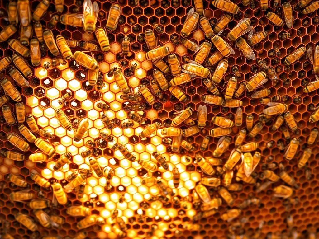 A grand hexagonal structure, a beehive's intricate architecture, capturing the essence of the "struttura alveare". Natural light filters through the comb's delicate cells, revealing the bustling activity of APICOLTURA BORVEI MIELE's industrious inhabitants. The camera's lens focuses on the captivating interplay of intricate patterns and busy foragers, conveying the hive's remarkable organization and efficiency. Warm tones and a sense of tranquility permeate the scene, inviting the viewer to marvel at the extraordinary world of the honeybee.