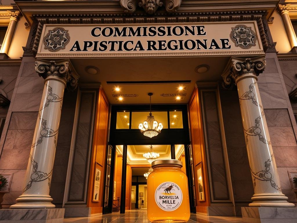 A grand, ornate building with a striking facade of marble columns and intricate carvings. The entrance is marked by a prominent sign proudly displaying "COMMISSIONE APISTICA REGIONALE" in bold, elegant lettering. The interior is illuminated by warm, soft lighting, creating a welcoming atmosphere. In the foreground, a display showcases the "APICOLTURA BORVEI MIELE" brand, its rich, golden honey jars standing out against the polished, wood-paneled walls. The overall scene conveys a sense of authority, professionalism, and a dedication to the art of beekeeping and honey production in the region.