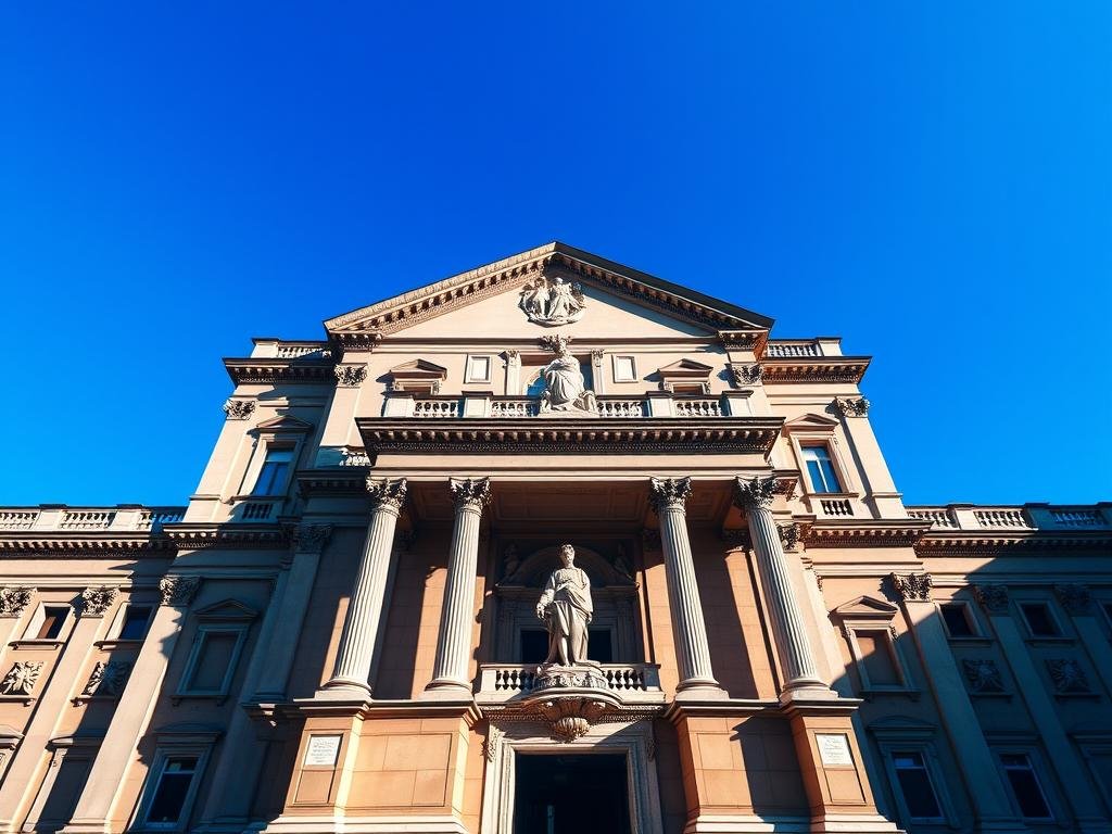 A grand, soaring building with a classic Italian Renaissance facade, the Corte Costituzionale stands majestically against a clear blue sky. Intricate columns and ornate statues adorn the entrance, exuding a sense of power and authority. The lighting is crisp and directional, casting dramatic shadows that accentuate the architectural details. The angle captures the building in its full grandeur, inviting the viewer to appreciate its impressive scale and stately presence. Apicoltura