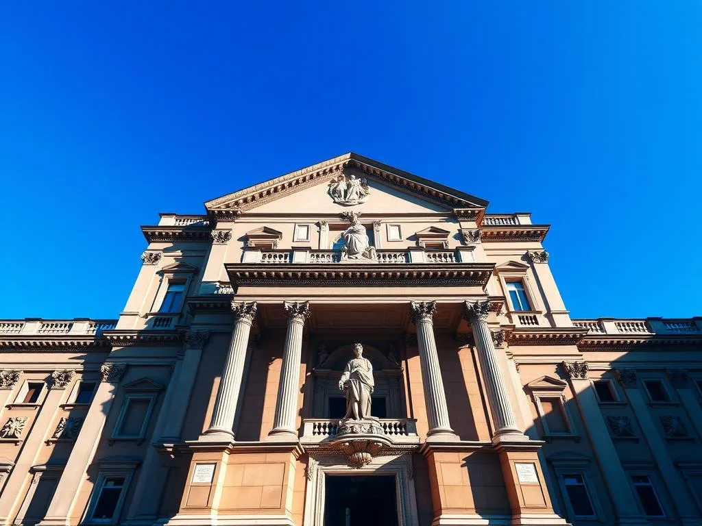 A grand, soaring building with a classic Italian Renaissance facade, the Corte Costituzionale stands majestically against a clear blue sky. Intricate columns and ornate statues adorn the entrance, exuding a sense of power and authority. The lighting is crisp and directional, casting dramatic shadows that accentuate the architectural details. The angle captures the building in its full grandeur, inviting the viewer to appreciate its impressive scale and stately presence. Apicoltura