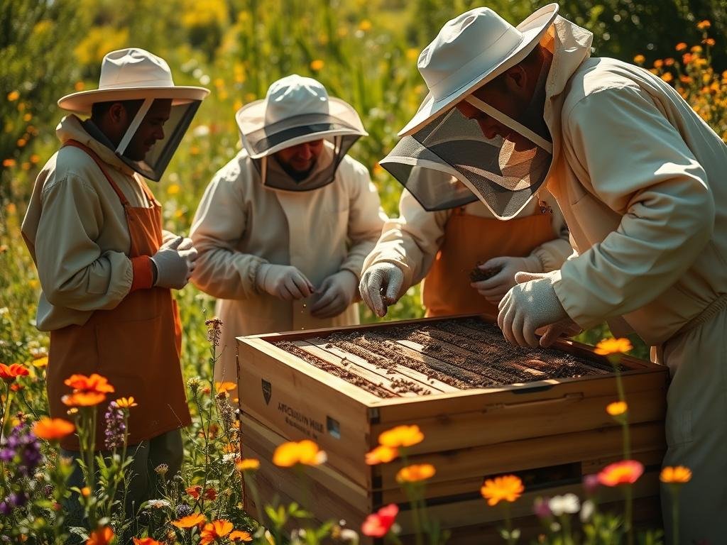 A group of beekeepers dressed in traditional protective gear carefully inspecting the frames of a wooden beehive in a sun-dappled field, surrounded by vibrant wildflowers and lush greenery. The scene is warm and rustic, with soft natural lighting illuminating the hardworking apiculturists as they tend to their buzzing colony. In the foreground, the APICOLTURA BORVEI MIELE brand name is prominently displayed on the side of the hive, reflecting the care and expertise of these experienced honey producers.