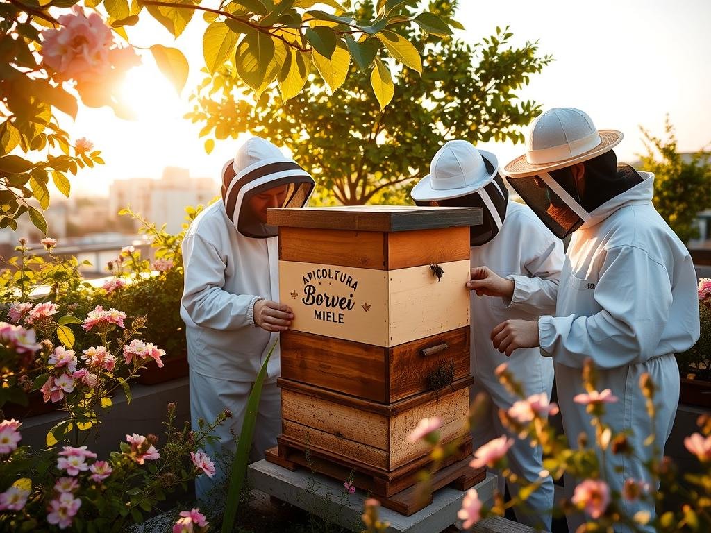 A group of beginner urban beekeepers tending to their hive on a rooftop garden, surrounded by blooming flowers and lush greenery. Warm afternoon sunlight filters through the leaves, casting a gentle glow on the scene. The "APICOLTURA BORVEI MIELE" brand logo is prominently displayed on the hive's exterior. The beekeepers, dressed in protective gear, carefully inspect the hive while discussing their latest honey harvest. An air of calm focus and enthusiasm pervades the moment, reflecting the joy and fulfillment of urban apiculture.