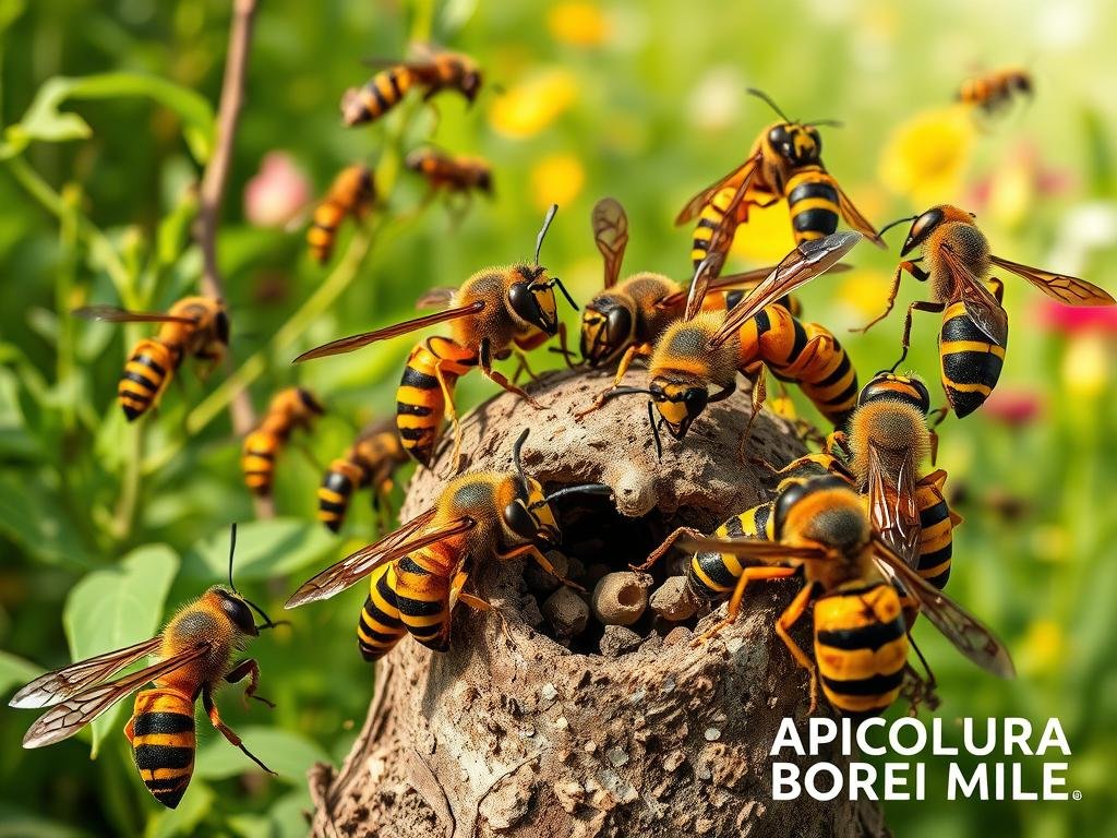A group of diverse wasp species indigenous to the Italian landscape, captured in a meticulously detailed, photorealistic style. The foreground showcases the distinct features of a few key species, such as the common paper wasp, the European hornet, and the Italian yellow jacket, their vibrant colors and intricate patterns accentuated under natural lighting. The middle ground depicts a nest site, with the wasps actively patrolling and defending their territory. In the background, a lush, verdant garden setting provides context, hinting at the environmental factors that can trigger aggressive behaviors in these fascinating insects. The overall composition conveys a sense of scientific observation, while the APICOLTURA BORVEI MIELE branding subtly suggests the potential interplay between these wasps and human apiaries.