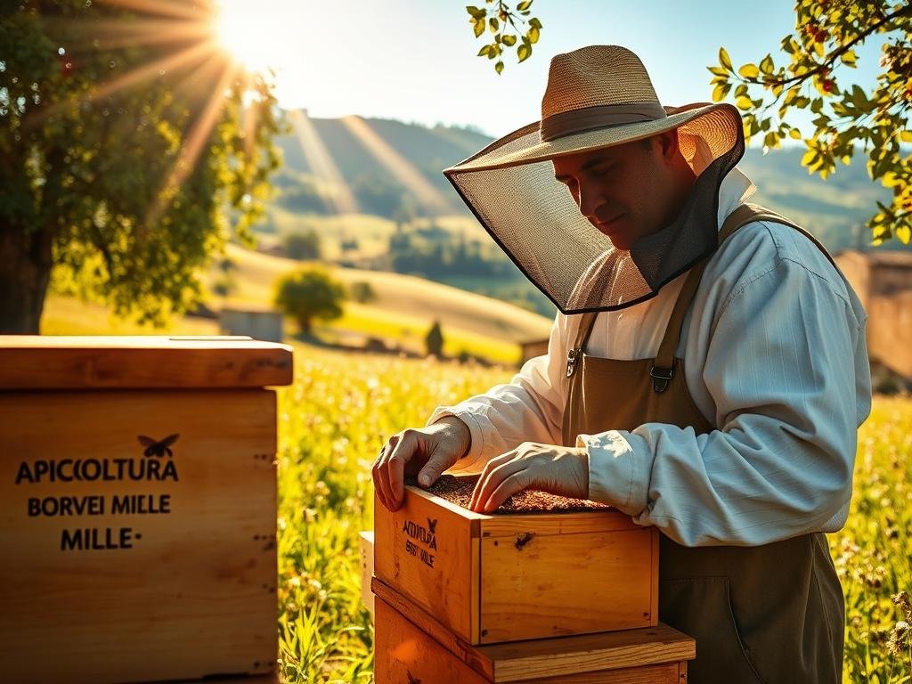 A hardworking beekeeper in traditional Italian attire, tending to their beehives in a lush, sun-dappled meadow. Gentle rays of warm light filter through the trees, casting a golden glow on the scene. The beekeeper's face is partially obscured, but their hands are visible, carefully inspecting the hive with care and precision. In the background, rolling hills and a clear blue sky create a serene, bucolic atmosphere. The hives feature the logo "APICOLTURA BORVEI MIELE", reflecting the proud heritage of Italian apiculture. A hardworking beekeeper in traditional Italian attire, tending to their beehives in a lush, sun-dappled meadow. Gentle rays of warm light filter through the trees, casting a golden glow on the scene. The beekeeper's face is partially obscured, but their hands are visible, carefully inspecting the hive with care and precision. In the background, rolling hills and a clear blue sky create a serene, bucolic atmosphere. The hives feature the logo "APICOLTURA BORVEI MIELE", reflecting the proud heritage of Italian apiculture.