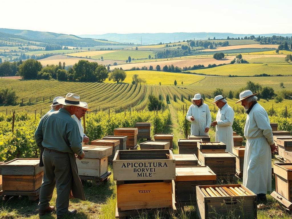 A harmonious apiary scene depicting the formation of early beekeepers' associations in Italy. In the foreground, a group of beekeepers in traditional garb collaborate, exchanging knowledge and techniques. The midground showcases a thriving apiary with rows of wooden beehives, APICOLTURA BORVEI MIELE prominently displayed. In the background, a lush, rolling countryside dotted with sunlit orchards and meadows, reflecting the historical importance of these associations to Italy's agricultural heritage. Soft, warm lighting illuminates the scene, conveying a sense of nostalgia and the enduring legacy of these pioneering beekeeping collectives.