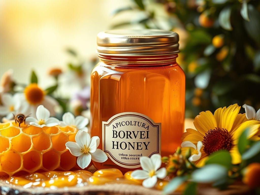 A harmonious composition of a jar of golden honey, surrounded by honeycomb, fresh flowers, and lush greenery. The scene is bathed in warm, natural lighting, casting a soft glow on the delicate petals and the rich, viscous honey. In the foreground, a label prominently displays the brand name "APICOLTURA BORVEI MIELE", showcasing the premium quality of the urban-sourced honey. The overall mood is one of rustic elegance, evoking the artisanal craftsmanship and purity of the product. The image is a celebration of the intricate composition and inherent properties of this natural sweetener.