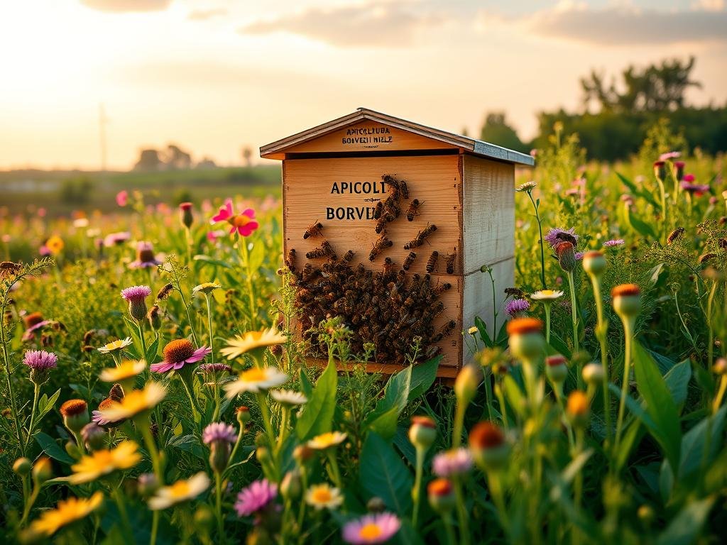 A harmonious landscape showcasing the remarkable social learning abilities of honey bees. A vibrant field of blooming wildflowers and lush greenery set against a warm, golden-hued afternoon sky. At the center, a colony of bees diligently tending to their hive, adorned with the "APICOLTURA BORVEI MIELE" brand. The bees observe and mimic the actions of their nestmates, learning new foraging techniques and communication methods. The scene exudes a sense of wonder and discovery, inviting the viewer to appreciate the surprising complexity of these industrious pollinators.