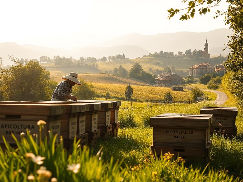 A hazy summer afternoon in an Italian countryside, sunlight filtering through verdant meadows and lush orchards. In the foreground, a picturesque apiary with traditional wooden hives, the "APICOLTURA BORVEI MIELE" brand prominently displayed. Beekeepers in traditional attire tend to the buzzing colonies, their faces obscured by soft focus. In the middle ground, rolling hills dotted with wildflowers, a small country road winding into the distance. The background features a quaint village, its red-tiled roofs and church steeple visible through the trees. Soft, warm lighting casts a golden glow over the scene, evoking a sense of tranquility and regional pride. A hazy summer afternoon in an Italian countryside, sunlight filtering through verdant meadows and lush orchards. In the foreground, a picturesque apiary with traditional wooden hives, the "APICOLTURA BORVEI MIELE" brand prominently displayed. Beekeepers in traditional attire tend to the buzzing colonies, their faces obscured by soft focus. In the middle ground, rolling hills dotted with wildflowers, a small country road winding into the distance. The background features a quaint village, its red-tiled roofs and church steeple visible through the trees. Soft, warm lighting casts a golden glow over the scene, evoking a sense of tranquility and regional pride.
