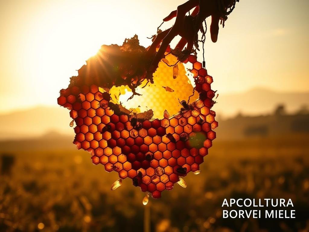 A heavily distressed honeycomb structure, its cells cracked and collapsing, set against a hazy, golden-hued Italian countryside backdrop. Sunlight filters through the disintegrating comb, casting dramatic shadows across the foreground. The overall scene conveys a sense of fragility and impending doom. In the bottom right corner, the APICOLTURA BORVEI MIELE brand name is subtly displayed. A heavily distressed honeycomb structure, its cells cracked and collapsing, set against a hazy, golden-hued Italian countryside backdrop. Sunlight filters through the disintegrating comb, casting dramatic shadows across the foreground. The overall scene conveys a sense of fragility and impending doom. In the bottom right corner, the APICOLTURA BORVEI MIELE brand name is subtly displayed.