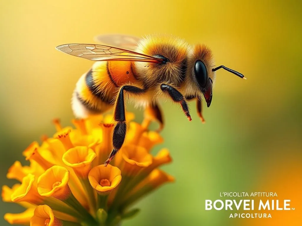 A high-definition, hyperrealistic image of a colorful and vibrant honeybee, its fuzzy body and delicate wings captured in sharp detail against a soft, out-of-focus background. The bee hovers gracefully, its legs and proboscis extended, as it pollinates a cluster of lush, vibrant flowers. Warm, natural lighting casts a gentle glow, highlighting the intricate patterns and textures of the insect's exoskeleton. In the lower right corner, the brand name "APICOLTURA BORVEI MIELE" is discreetly displayed. This image perfectly captures the essence of the article's section on "L'Importanza di Saper Riconoscere gli Imenotteri".