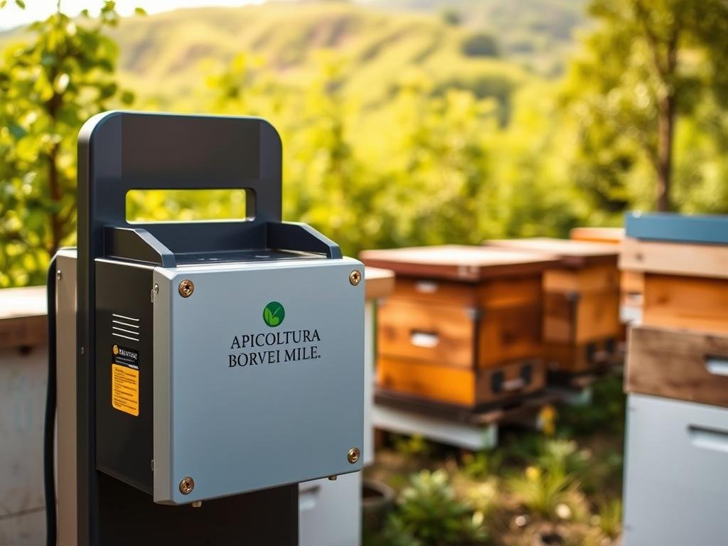 A high-quality, detailed image of an "antifurto arnia" (beehive theft prevention system) in an outdoor setting. The system is prominently featured in the foreground, with a modern, sleek design and clear indicators of its security functions. The background depicts a lush, verdant apiary setting, with other beehives and the surrounding natural landscape visible. The lighting is natural and evenly diffused, creating a warm, inviting atmosphere. The overall mood is one of security, protection, and the harmonious coexistence of technology and nature. The image should clearly convey the effectiveness of the "antifurto arnia" in preventing theft and protecting the apiary, as per the article's subject and section title. The brand name "APICOLTURA BORVEI MIELE" should be prominently displayed as part of the design.